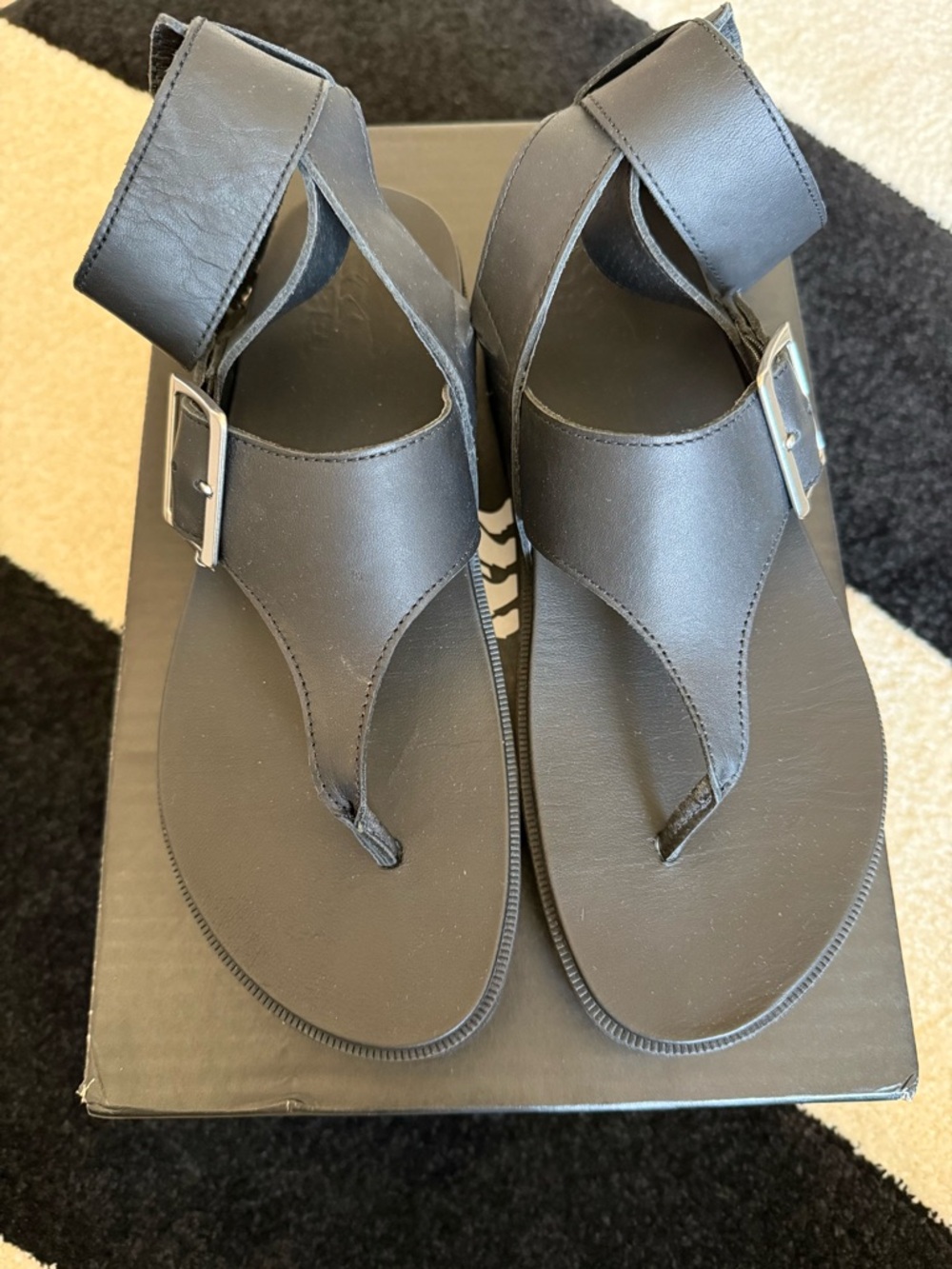 Sorel Black Leather T-Strap Sandals with Buckle